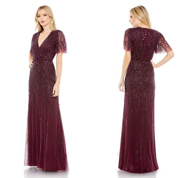 Mac Duggal 35109 Size 2 Surplice Bodice Leafy Embellished Flutter Sleeves Gown - Picture 8 of 8